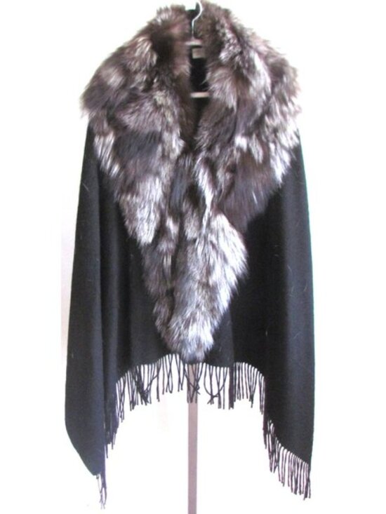 DESIGNER ANAABELL NEW YORK BLACK WOOL BLEND SILVER GREY FOX COLLAR FRINGE CAPE - Picture 2 of 9